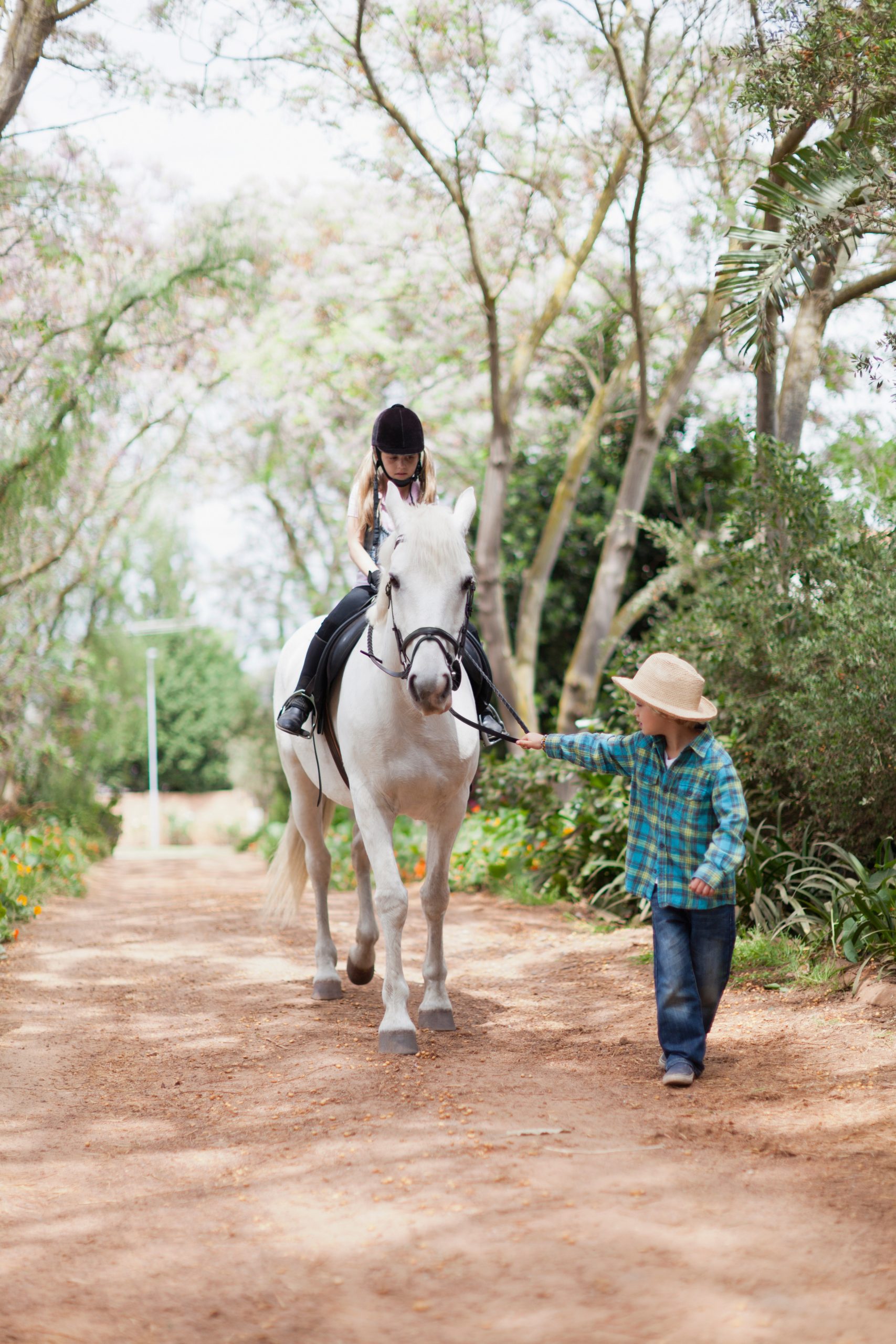 Boy walking with girl on horse